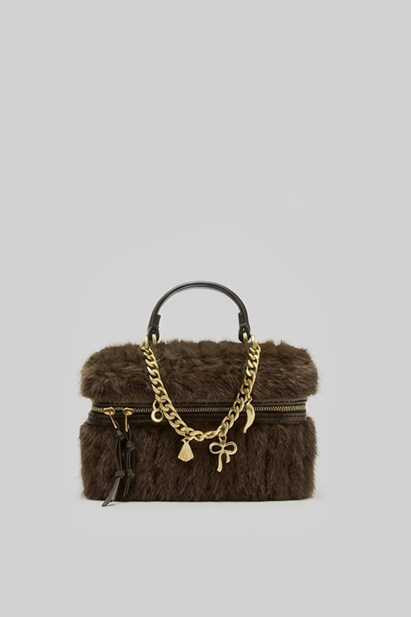 Faux Fur Top-Handle Bag with Decorative Chain – Brown